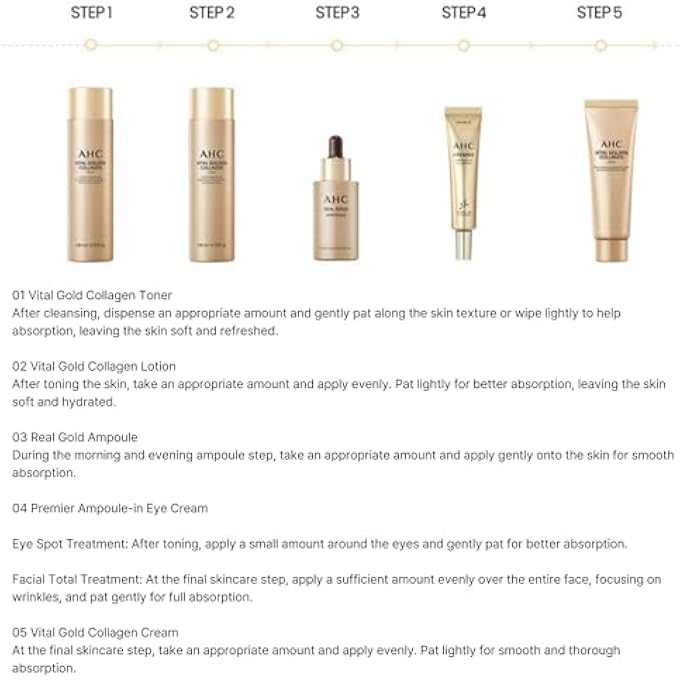 AHC VITAL GOLDEN COLLAGEN SKIN CARE SET - 5-PIECE TRAVEL SKINCARE KIT FOR RADIANT SKIN - INCLUDES TONER, LOTION, AMPOULE, CREAM, EYE CREAM - DEEP HYDRATION & SYNERGY EFFECT - IDEAL GIFT SET FOR WOMEN - Image 2